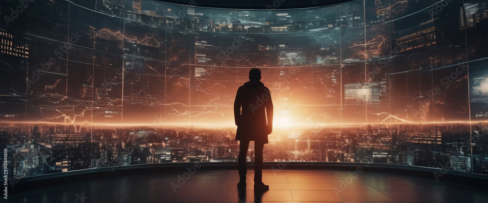 Poster a silhouette of a person standing in front of a giant digital screen with a flow of data showing var