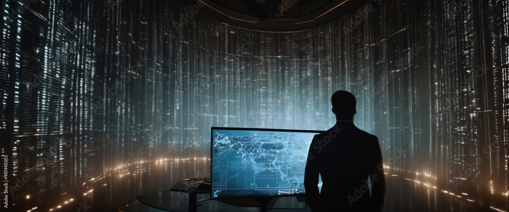 Poster a silhouette of a person standing in front of a giant digital screen with a flow of data showing var