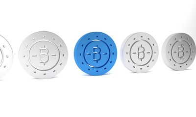 Blue Cryptocurrency coin Bitcoin icon isolated on white background. Physical bit coin. Blockchain based secure crypto currency. Minimalism concept. 3D render illustration