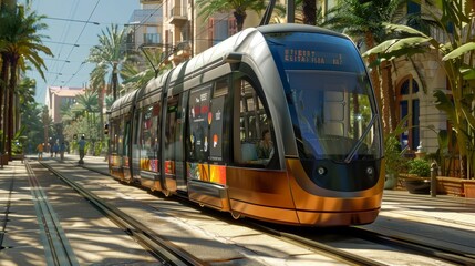 Naklejka premium Vibrant City Life Interactive Tram Displaying RealTime Cultural Events and Festivals