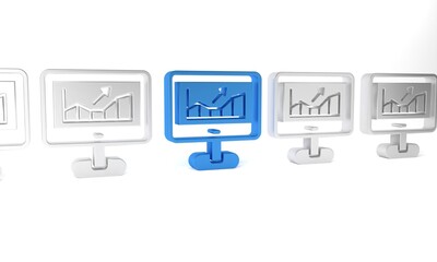 Blue Computer with stocks market growth graphs and money icon isolated on white background. Monitor with stock charts arrow on screen. Minimalism concept. 3D render illustration