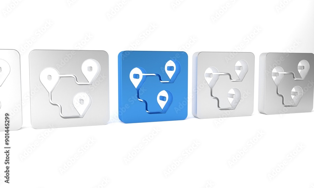 Poster blue route location icon isolated on white background. map pointer sign. concept of path or road. gp