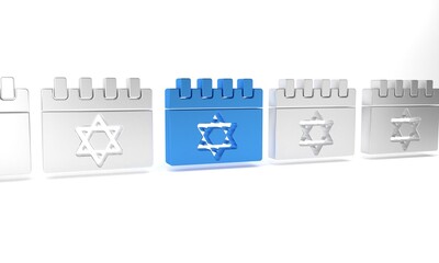 Blue Jewish calendar with star of david icon isolated on white background. Hanukkah calendar day. Minimalism concept. 3D render illustration