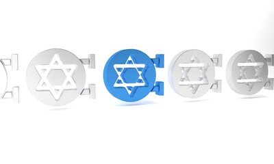 Blue Jewish synagogue building or jewish temple icon isolated on white background. Hebrew or judaism construction with David star. Minimalism concept. 3D render illustration