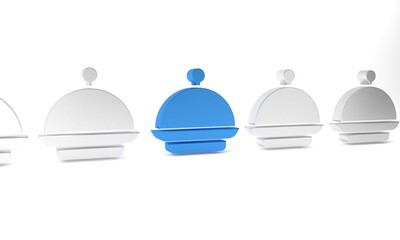 Blue Christmas covered with a tray of food icon isolated on white background. Tray and lid sign. Merry Christmas and Happy New Year. Minimalism concept. 3D render illustration