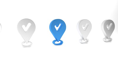 Blue Map pin with check mark icon isolated on white background. Navigation, pointer, location, map, gps, direction, place, compass, search concept. Minimalism concept. 3D render illustration