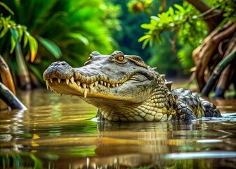Fototapeta premium Majestic Orinoco crocodile submerged in murky river waters, its scaly body and sharp snout visible amidst lush green vegetation and driftwood debris.