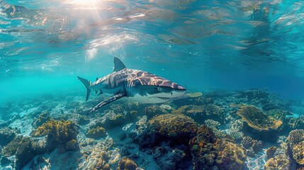 Obraz premium A stunning underwater photograph capturing the beauty and mystery of marine life with a shark swimming gracefully over a vibrant coral reef