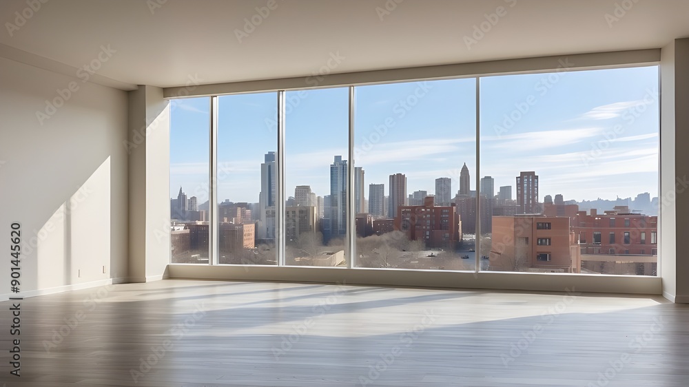 Poster vacant space with a wide window and a view of the city