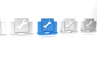 Blue Laptop with wrench icon isolated on white background. Adjusting, service, setting, maintenance, repair, fixing. Minimalism concept. 3D render illustration