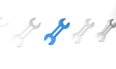 Blue Wrench spanner icon isolated on white background. Minimalism concept. 3D render illustration