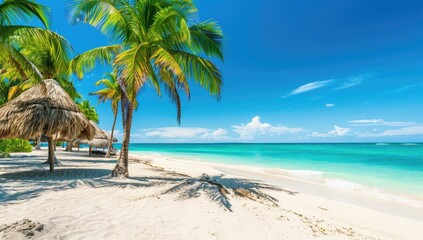 Tranquil Tropical Beach With Crystal Clear Water and Lush Palm Trees at Sunrise