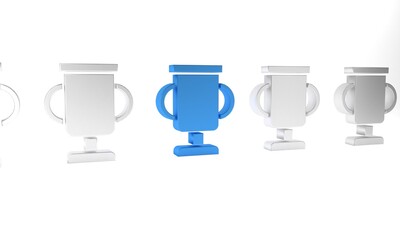 Blue Award cup with bicycle icon isolated on white background. Winner trophy symbol. Championship or competition trophy. Sports achievement. Minimalism concept. 3D render illustration