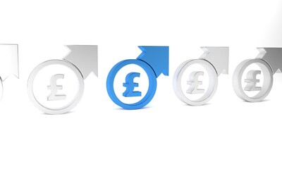 Blue Financial growth and pound sterling coin icon isolated on white background. Increasing revenue. Minimalism concept. 3D render illustration