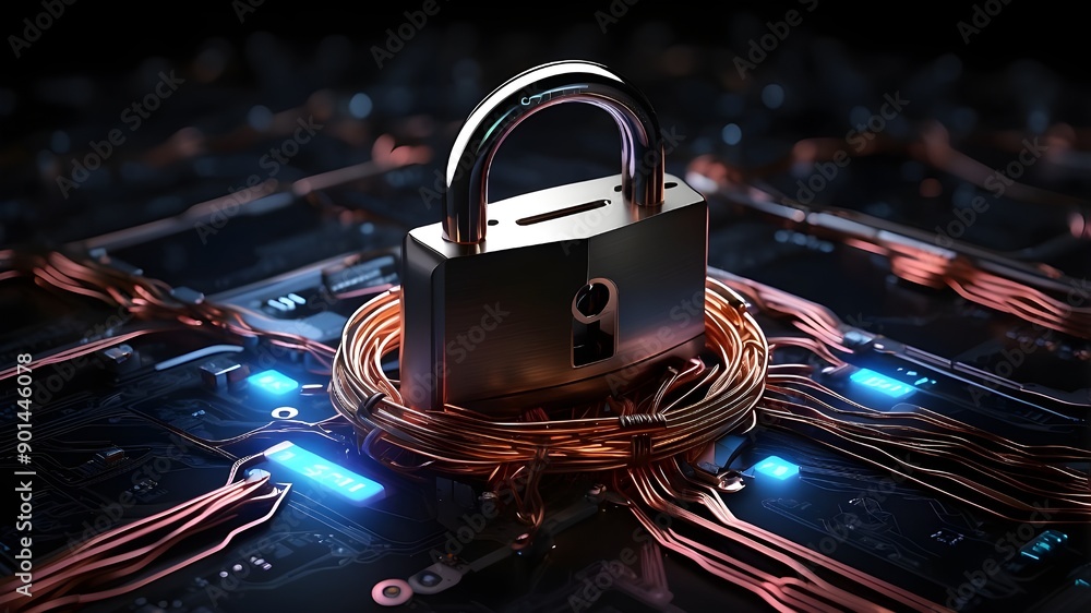 Poster concept of cyber security technology including circuit wires and a bright digital lock sign over an 