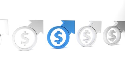 Blue Financial growth and dollar coin icon isolated on white background. Increasing revenue. Minimalism concept. 3D render illustration