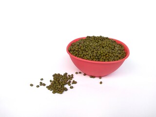 Group of green mung beans or mungo beans or mongo beans isolated on white background.Used as ingredient in both savoury and sweet dishes.