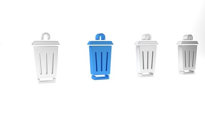 Blue Trash can icon isolated on white background. Garbage bin sign. Recycle basket icon. Office trash icon. Minimalism concept. 3D render illustration