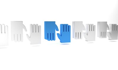 Blue Rubber gloves icon isolated on white background. Latex hand protection sign. Housework cleaning equipment symbol. Minimalism concept. 3D render illustration