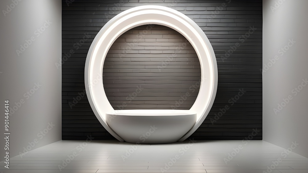 Poster front view of an illuminated white blank niche in an abstract, empty corridor with a black brick wal