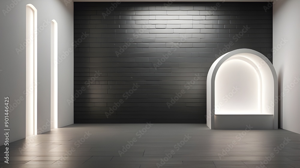Poster front view of an illuminated white blank niche in an abstract, empty corridor with a black brick wal