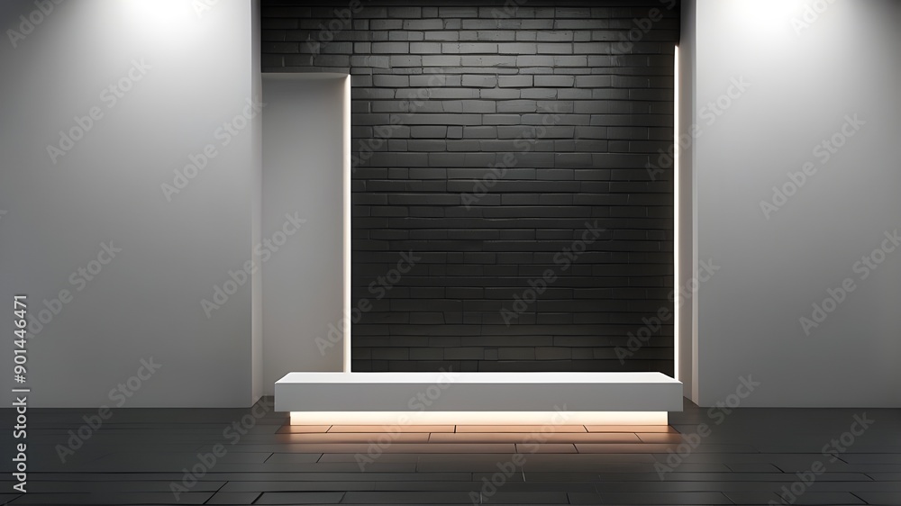 Poster front view of an illuminated white blank niche in an abstract, empty corridor with a black brick wal