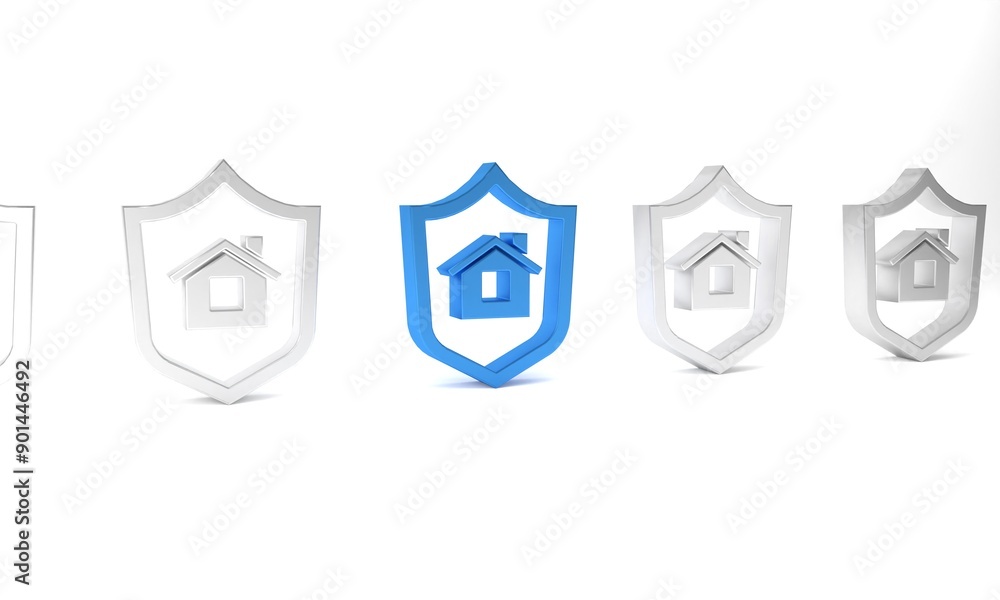 Sticker Blue House with shield icon isolated on white background. Insurance concept. Security, safety, protection, protect concept. Minimalism concept. 3D render illustration