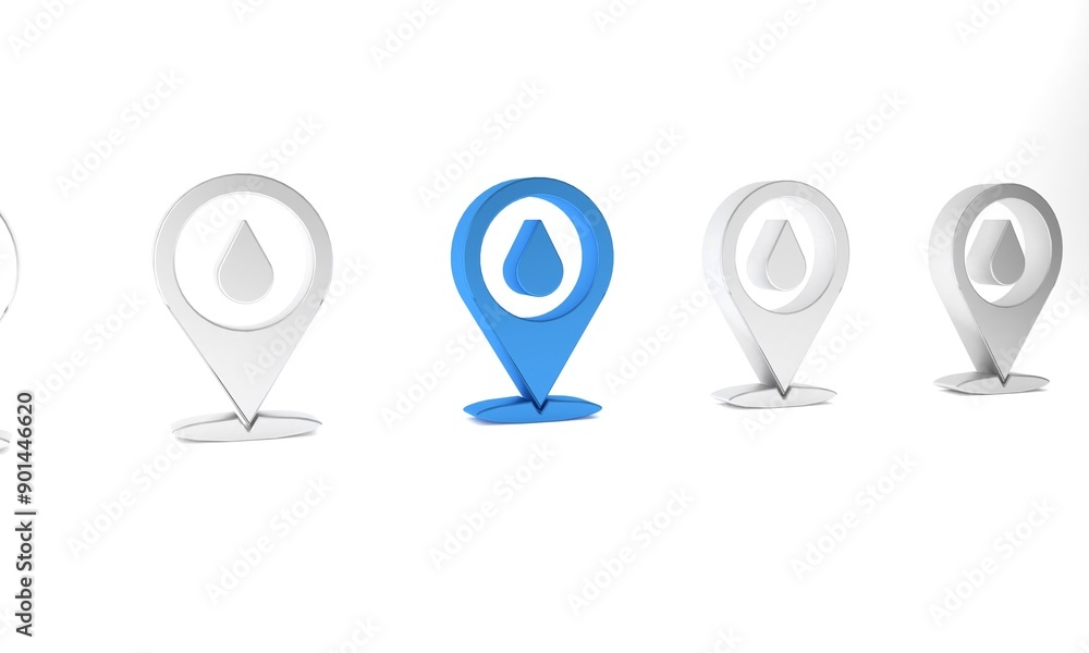 Poster blue water drop with location icon isolated on white background. minimalism concept. 3d render illus