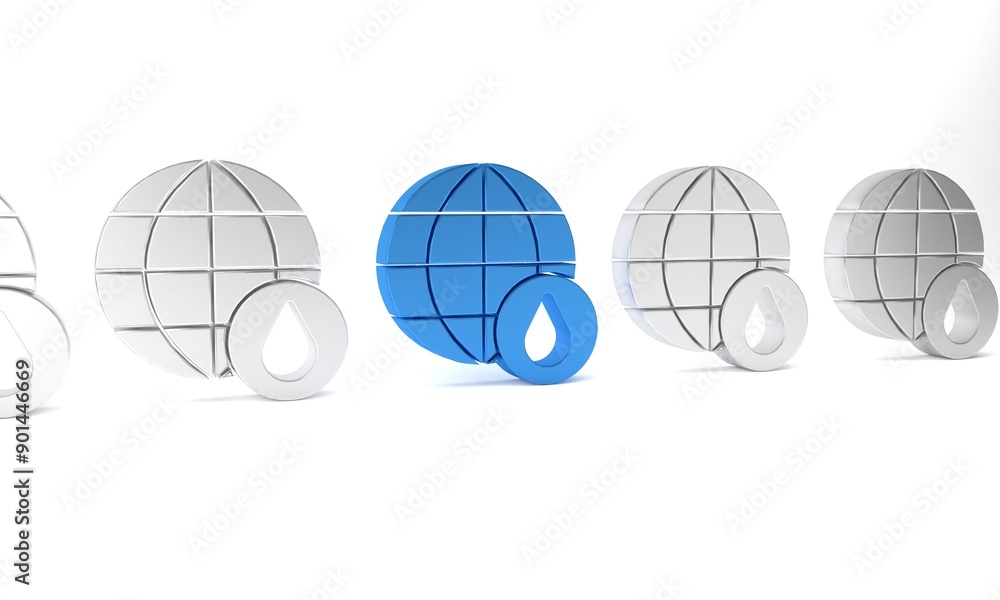 Sticker Blue Earth planet in water drop icon isolated on white background. World globe. Saving water and world environmental protection. Minimalism concept. 3D render illustration