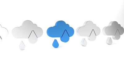 Blue Cloud with rain icon isolated on white background. Rain cloud precipitation with rain drops. Minimalism concept. 3D render illustration