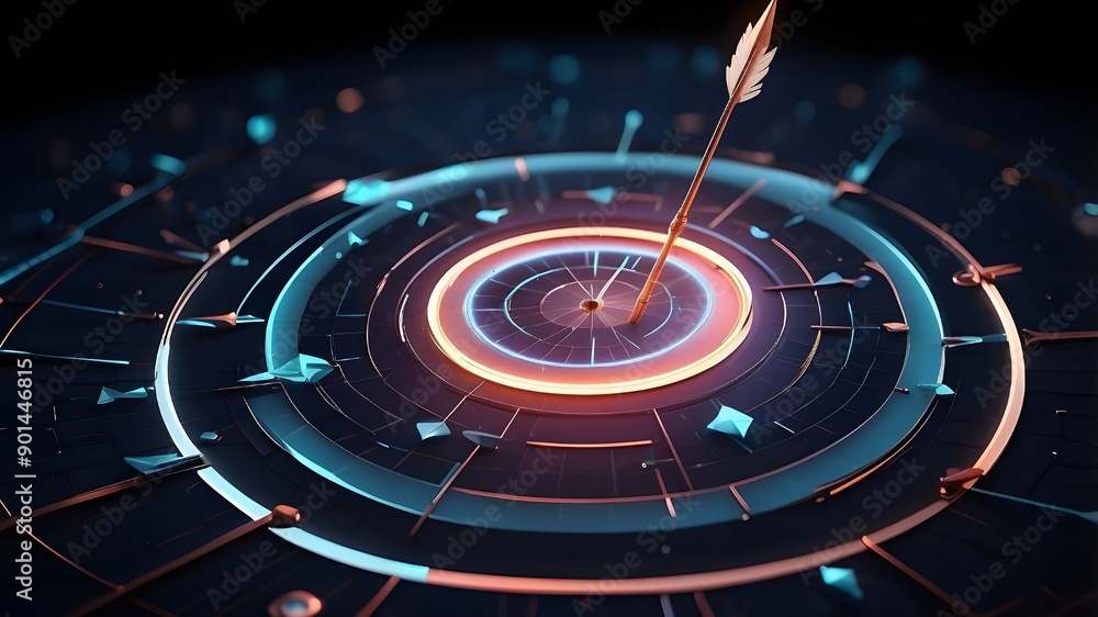 Poster a luminous hologram of a bullseye and an arrow striking the center represents the target idea. expan