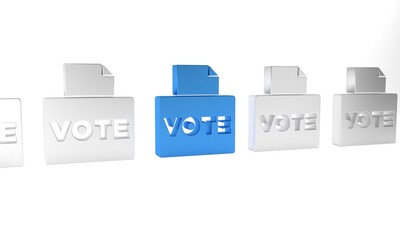 Blue Vote box or ballot box with envelope icon isolated on white background. Minimalism concept. 3D render illustration