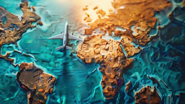 Model airplane on world map background