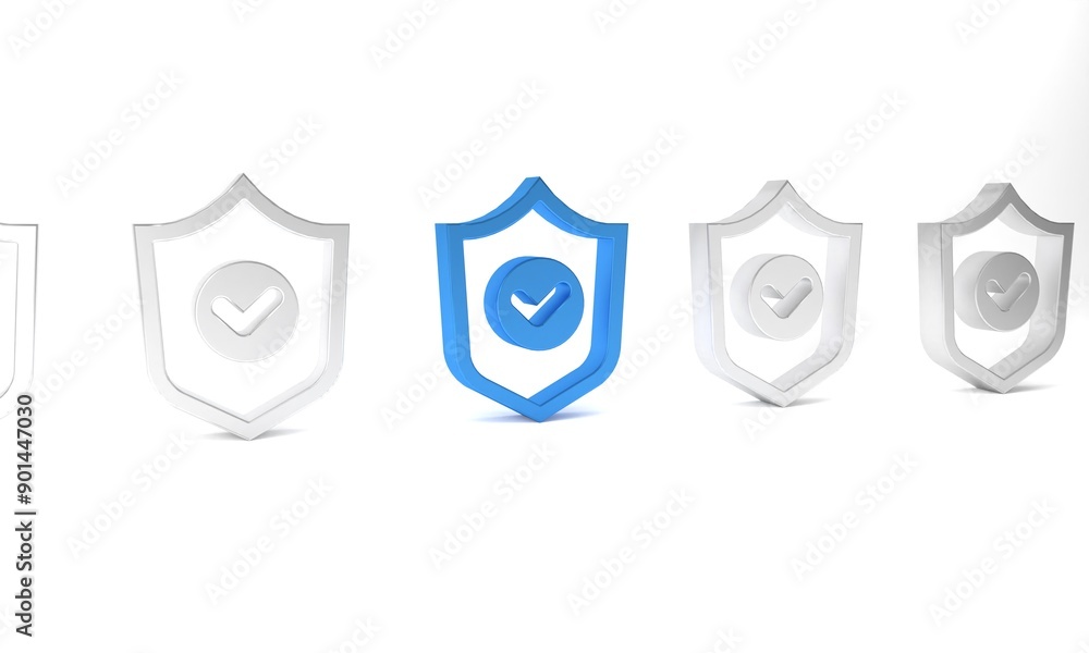 Poster blue shield with check mark icon isolated on white background. protection symbol. security check ico