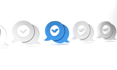 Blue Check mark in speech bubble icon isolated on white background. Security, safety, protection, privacy concept. Tick mark approved. Minimalism concept. 3D render illustration