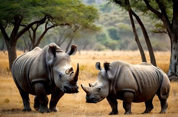 Obraz premium A view of a baby rhinoceros with its mother in the wild