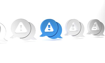 Blue Exclamation mark in triangle icon isolated on white background. Hazard warning sign, careful, attention, danger warning sign. Minimalism concept. 3D render illustration