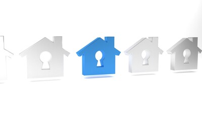 Blue House under protection icon isolated on white background. Home and shield. Protection, safety, security, protect, defense concept. Minimalism concept. 3D render illustration