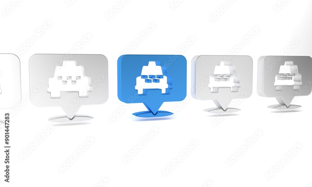Poster blue map pointer with taxi icon isolated on white background. location symbol. minimalism concept. 3