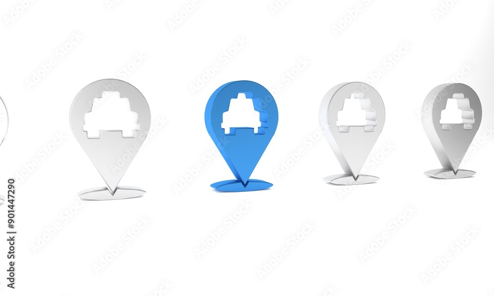 Poster blue map pointer with taxi icon isolated on white background. location symbol. minimalism concept. 3