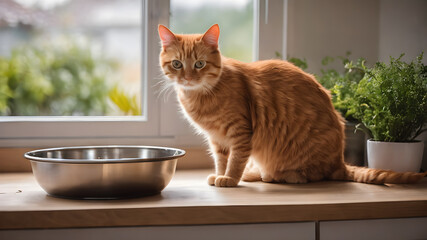 Orange cat eating in its bowl on wooden floor. Generative AI