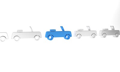 Blue Car icon isolated on white background. Front view. Minimalism concept. 3D render illustration