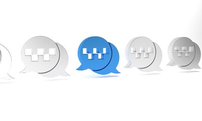 Blue Taxi call telephone service icon isolated on white background. Speech bubble symbol. Taxi for smartphone. Minimalism concept. 3D render illustration