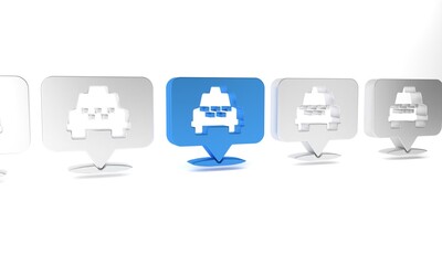 Blue Map pointer with taxi icon isolated on white background. Location symbol. Minimalism concept. 3D render illustration