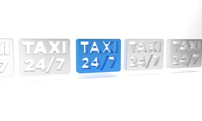 Blue Map pointer with taxi icon isolated on white background. Location symbol. Minimalism concept. 3D render illustration