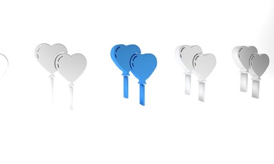 Blue Balloons in form of heart with ribbon icon isolated on white background. Valentines day. Minimalism concept. 3D render illustration