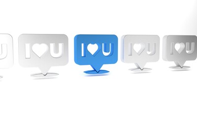 Blue Speech bubble with text I love you icon isolated on white background. Valentines day. Minimalism concept. 3D render illustration
