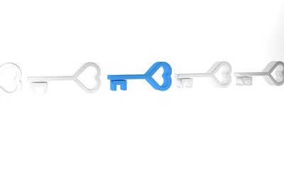 Blue Key in heart shape icon isolated on white background. Valentines day. Minimalism concept. 3D render illustration