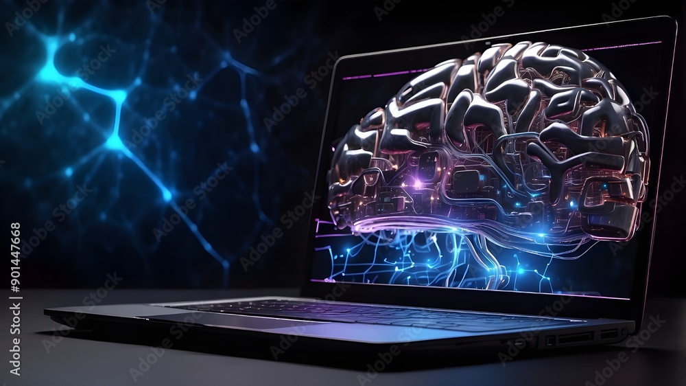 Aufkleber hardware for artificial intelligence idea. close-up of a laptop on a black backdrop with a circuit h
