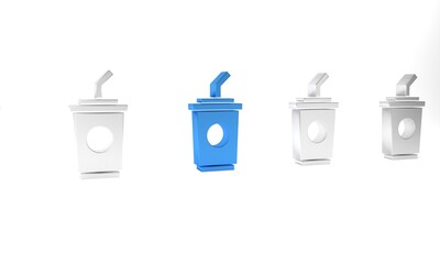 Blue Paper glass with drinking straw and water icon isolated on white background. Soda drink glass. Fresh cold beverage symbol. Minimalism concept. 3D render illustration